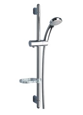 Art. R50453 Asta saliscendi cilindrica in metallo con scorrevole, supporti e portasapone in ABS, con doccetta Ø 80 a due getti e flessibile m 1,50