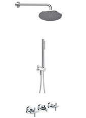 TRATTO art. R55200 Soffione con braccio. Supporto con presa acqua 1/2", flessibile in PVC silver m 1,50 e doccetta monogetto. Rubinetteria doccia incasso con deviatore